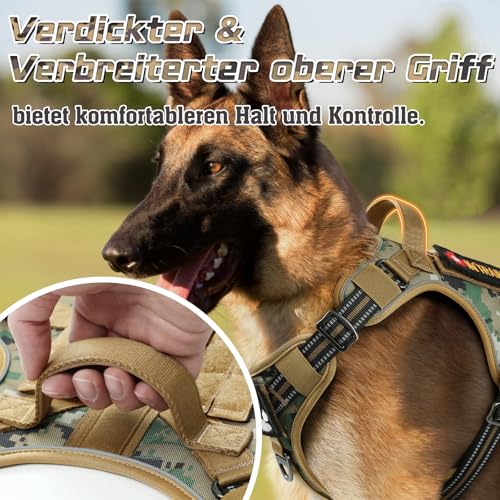 rabbitgoo Hundegeschirr Mittelgroße Hunde, Anti Zug Geschirr Hund Verstellbar mit Griffe Verbreitert, Robust Taktisches Hundegeschirr mit Metallschnallen zum Wandern(M, Camouflage Braun)