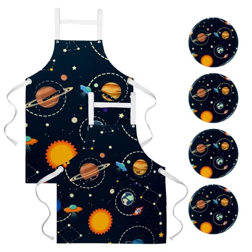 Tablier de serveuse anti-taches avec poches et broches amovibles thème planètes lot de 2