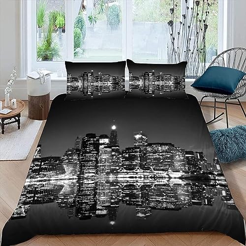 OAXACO Housse de Couette 220x240 New York Parure de lit 2 Personnes Paysage Nocturne de la Ville Microfibre Douce Housses de Couettes Imprimée 3D avec 2 Taie...