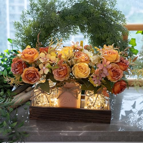 SUNNY BROOK 3PCS Artificial Fall Flowers in Mason Jars with Rustic Wood Tray – Amber Orange & Yellow Fake Floral Centerpiece, Faux Flower for Farmhouse Autumn Decor Kitchen, Coffee Table, Tiered Tray - Cosy Home Interiors SUNNY BROOK 3PCS Artificial Fall Flowers in Mason Jars with Rustic Wood Tray – Amber Orange & Yellow Fake Floral Centerpiece, Faux Flower for Farmhouse Autumn Decor Kitchen, Coffee Table, Tiered Tray - Image 5