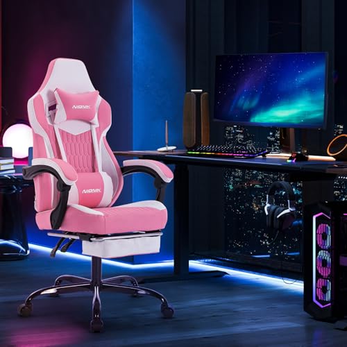 Ergonomic Pink and White Racing Gaming Chair with Massage Pillow and Adjustable Height