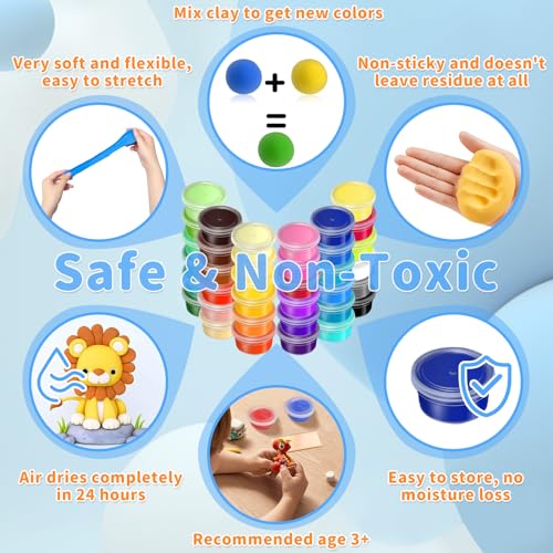 Air Dry Clay, 36 Colors Ultra Light Modelling Clay, Non-Toxic Air Drying Clay for Kid, with 3 Clay Tools & Guidebook, Arts and Crafts Kits for Kids Boys Girls Toys
