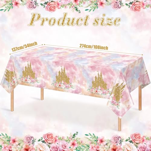3 Pack Princess Tablecloths Birthday Decorations,Plastic Pink Rose Castle Table Cloth for Parties,Disposable Rectangle Floral Table Cover for Baby Shower Girls Birthday Party Supplies,54x108 Inch