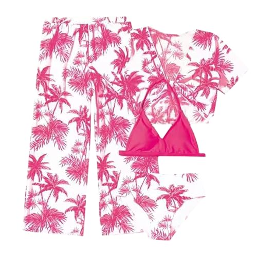 Girl's 4 Piece Swimsuits Tropical Print Halter Bikini Set Kids Bathing Suits with Kimono Cover Up Pants Beach Swimwear