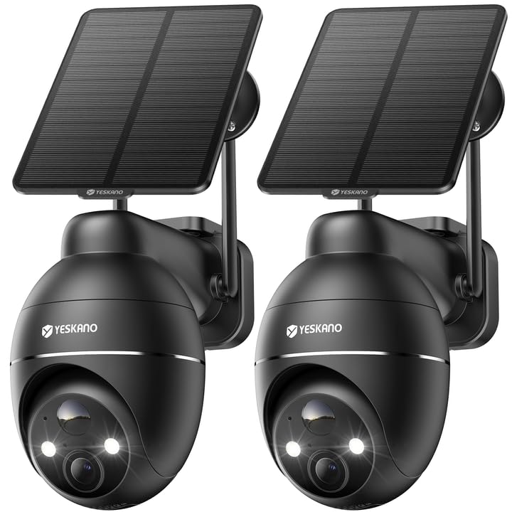 YESKANO 2K Camera Surveillance WiFi Exterieure sans Fil, Panneau Solaire 360° PTZ Caméra Exterieur sans Fil Solaire Batterie 2,4 GHz, Vision Nocturne Couleur, Détection PIR, Audio Bidirectionnel -2Pcs