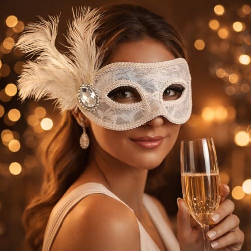 Image of Wanna Party White Lace Feather Eye Mask for Women - Elegant Net Masquerade Party Mask with Feather & Elastic Strap for Halloween, Carnival, Costume & Theme Parties