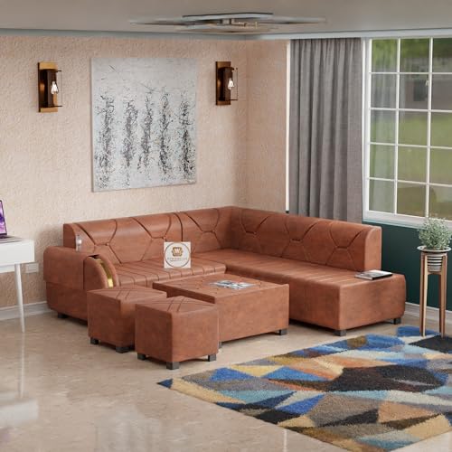 WOODREAM Right Facing Upholstered L Shape 7 Seater Sofa Set | Sectional Leatherette Fabric Sofa Set with Centre Table and 2 Puffy Ottomans for Living Room & Drawing Room, Brown WOODREAM Right Facing Upholstered L Shape 7 Seater Sofa Set | Sectional Leatherette Fabric Sofa Set with Centre Table and 2 Puffy Ottomans for Living Room & Drawing Room, Brown