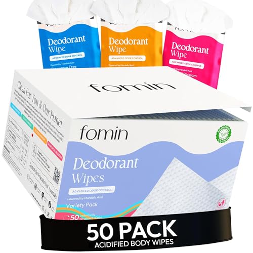 FOMIN Acidified Travel Deodorant Wipes For Women & Men - 50 Count - Variety Pack - pH Balanced, Mini Deodorant Travel Size Wipes - Plastic-Free, Individually Wrapped Underarm Body Wipe