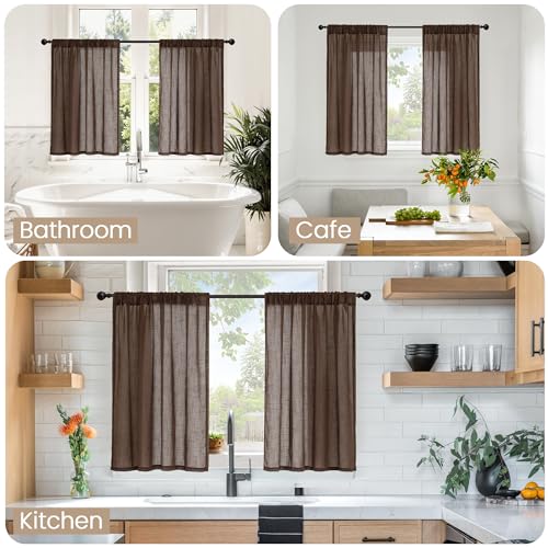 Image of BGment Brown Linen Kitchen Curtains 40 Inch Length, Small Semi Sheer Drapes Textured for Cafe Window Over Sink Bathroom Decor Lightweight Rod Pocket, 2 Panels Set, Each 30 Inch Wide