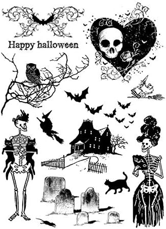 Kcibyvx Happy Halloween Clear Stamps Silicone Stamps, Halloween Bat, Spider Web, Skeleton Ladies Pattern for Halloween Card Making Decoration and DIY Scrapbooking Embossing Album Decor Crafts