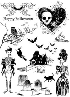 Kcibyvx Happy Halloween Clear Stamps Silicone Stamps, Halloween Bat, Spider Web, Skeleton Ladies Pattern for Halloween Card Making Decoration and DIY Scrapbooking Embossing Album Decor Crafts
