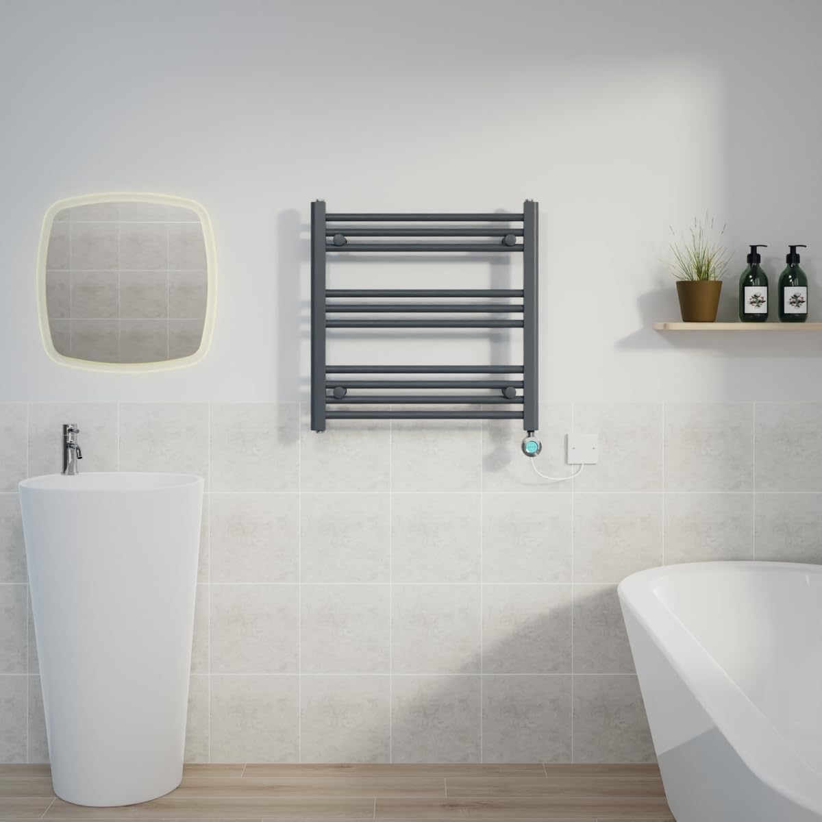 Warmehaus Prefilled 600x600mm Straight Electric Heated Towel Rail with Timer Thermostatic Bathroom Radiator Anthracite - 400W(Chrome Heating Element) — image 1