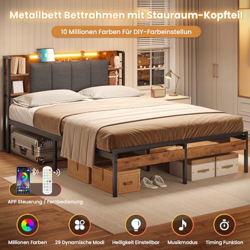 AOGLLATI Bettgestell 140x200 mit LED-Beleuchtung und USB-Ladefunktion, Metallbett Bettrahmen mit Stauraum-Kopfteil Bett mit Gepolstertem Kopfteil Jugendbett Doppelbett mit Lattenrost(140 x 200 cm) – Bild 4