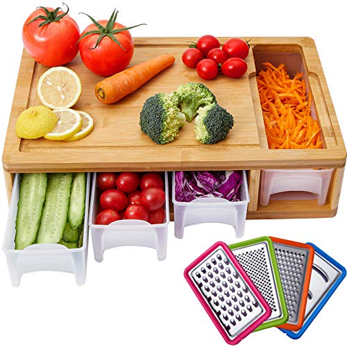 Large Kitchen Bamboo Cutting Board with Containers/Trays/Transparent Lids/Juice Grooves/4 Graters for Easy Food Prep & Storage and Cleanup, Wood Chopping Board with Food Sliding Opening