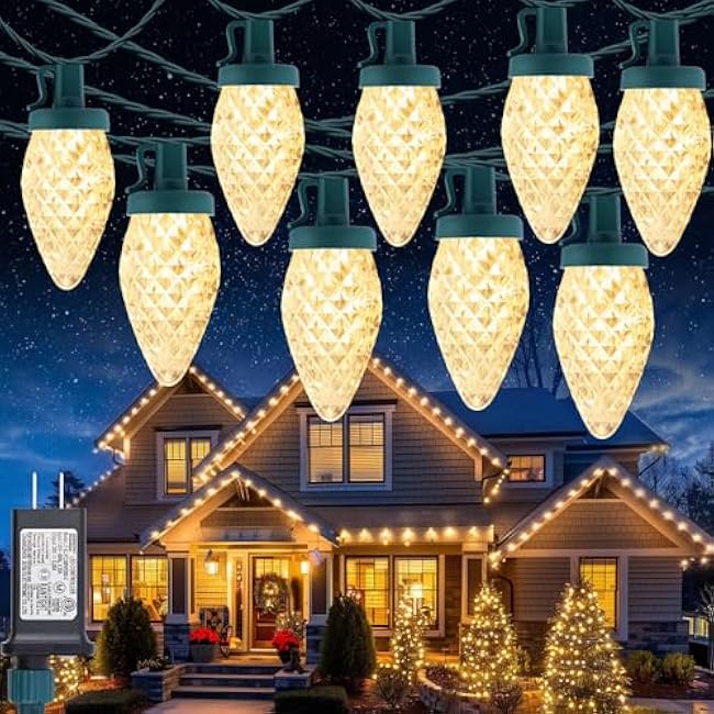 C9 Christmas Lights Outdoor, 33 FT 50 LED Connectable C9 String Lights with 8 Modes and Timer Extendable Xmas Tree Patio Roofline Garden Yard Holiday Party Indoor Outdoor Decoration, Warm White