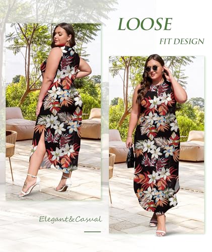 Image of Wolddress Womens 2026 Plus Size Sleeveless Tank Dress Casual Loose Sundress Split Summer Beach Long Maxi Dresses with Pockets