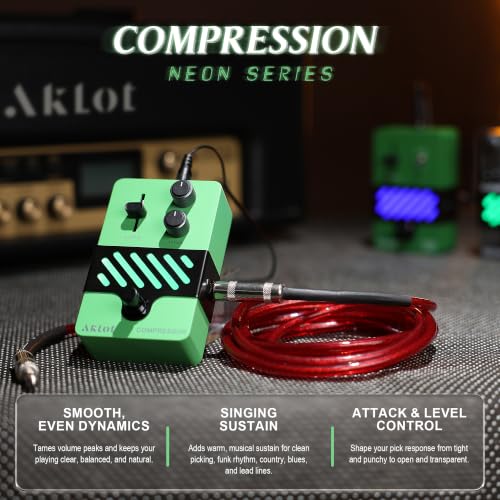 Image of AKLOT Compressor Electric Guitar Pedal: Smooth Studio-Level Compression for Clean Sustain, Dynamic Touch-Responsive Control, Level & Sustain Knobs, Mini Guitar Effect Pedal True Bypass, NEON PulseLock