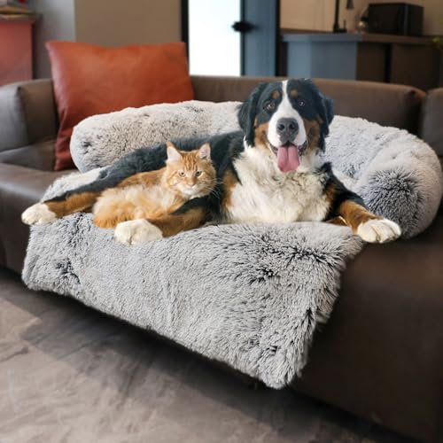 Image of Calming Dogs /Cats Bed Mats, Dog Pad Washable Removable Couch Cover, Plush Long Fur Mat for Pets, Waterproof Lining, Perfect for Small, Medium and Large Dogs and Cats (Gradient Gray, 59 inchx39 inch)