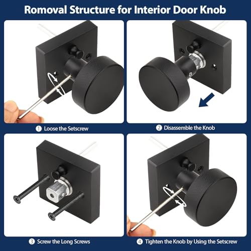 Orger Matte Black Privacy Door Knobs Interior, Zinc Alloy Keyless Black Door Knobs with Lock for Bedroom and Bathroom, Knurled Heavy Duty Square Base Modern Doorknobs, 6 Pack by Orger - Image 5