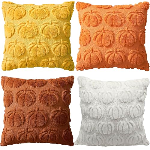 Nuoyiman Pack of 4 Autumn Decorative Cushion Covers, 45 x 45 cm Sofa Cushion, Thanksgiving Cushion Covers, Autumn Soft Pumpkin Pattern Decorative Cushion Cover for Living Room, Sofa, Garden, Bedroom
