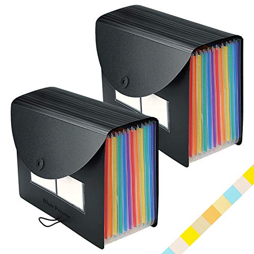 Expanding File Folders 2 Packs/BluePower 12 Pockets A4 Accordion File Organizer/Multicolor Portable Expanding File Boxï¼ŒHigh Capacity Plastic Accordian File Bag Wallet Briefcase with Colored Tab