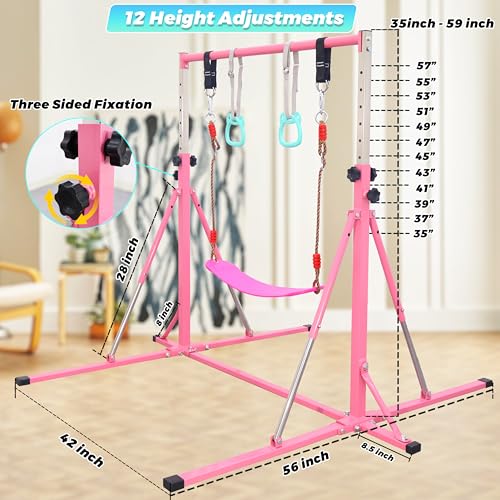 FC FUNCHEER Foldable Gymnastics Bar,5FT Horizontal bar,Adjustable Kids Training bar for Kids Ages 3-15,Kids Gymnastics bar,Triangle Stable Structure-Gym Equipment for Home