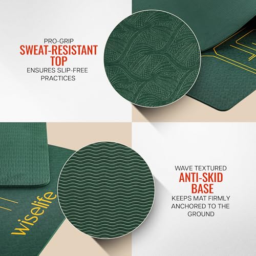 Image of Wiselife True Alignment Yoga Mat + Sleek Yoga Strap For Men And Women (Probalance Tpe Material 6Mm Extra Thick Extra Long Extra Wide) (Emerald)