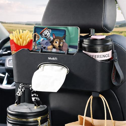 Mu&Ti Back Seat Car Organizer,4+2 in 1 Multifunctional Car Back Seat Storage Box with 2 Cup Holders, Tissue Box and Hook - Ideal for Kids and Travel(Black)