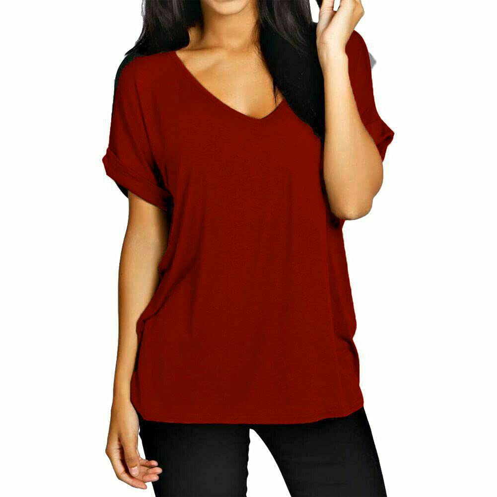 Fairy Trendz Ltd Women's Wine Oversize Fit V Neck Top Baggy Plus Size Batwing Turn Up Sleeve Casual T-Shirt Sizes 8-26( Uk 24-26)