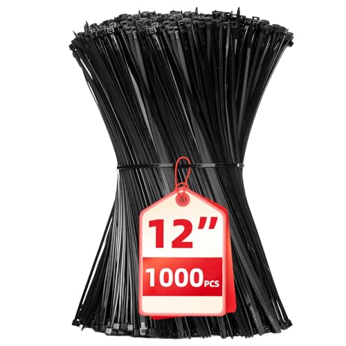 Image of Zip Ties 12 inch, 1000 Pack Black Zip Ties, Self-Locking Nylon Cable Ties with 50 lb Tensile Strength,Wire Ties for indoor and outdoor use.