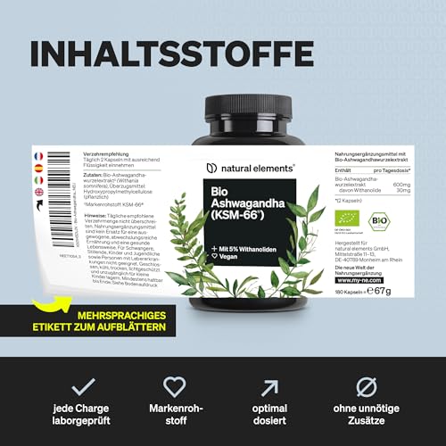 natural elements Bio-Ashwagandha – KSM-66® Premiumrohstoff (180 Kapseln mit überdurchschnittlicher Reichweite) – 5% Withanolid-Gehalt – laborgeprüft, vegan und hochdosiert 6