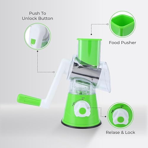 Miniatura 7 de kichhouse Rallador rotativo de queso, triturador manual de verduras con cuchillas de tambor de acero inoxidable 3-1, fácil de usar y limpiar,
