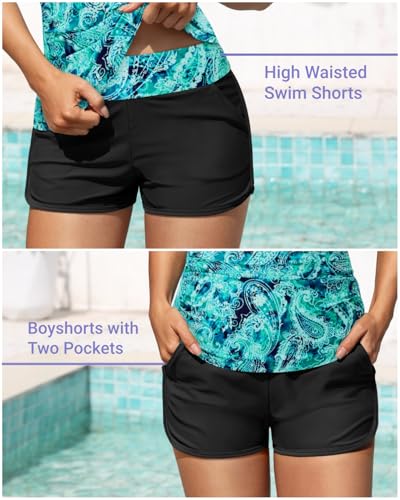 Image of Women Tankini Swimsuit with Shorts Two Piece Tummy Control Bathing Suit | Pockets,Tummy Control,Removable Bra Pads,Quick Dry,Adjustable Shoulder Straps