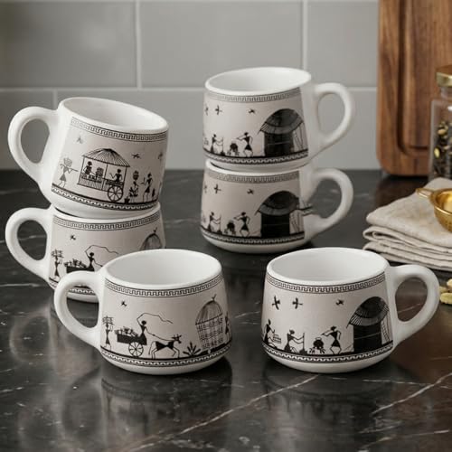 Image of The Earth Store Grey Warli Art Ceramic Tea Cup Set of 6 for Tea | 140ML Each | Microwave & Dishwasher Safe | Perfect for Every Occasion Chai | Coffee Cups for Home, Office, Gifting & Daily Use