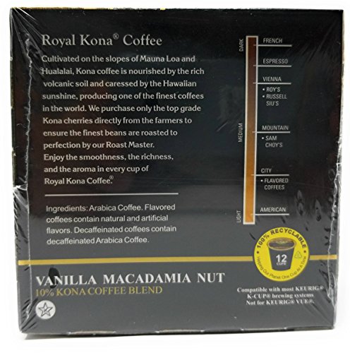 Royal Kona Coffee Vanilla Macadamia, Light Roast, Single-Serve Coffee Pods - 12 Count Box #TOP5