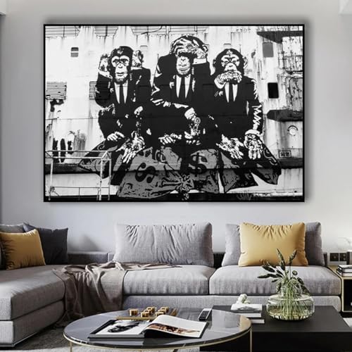 3 Singes Toile Mur Art pour revitaliser un mur blanc sans cadre visible