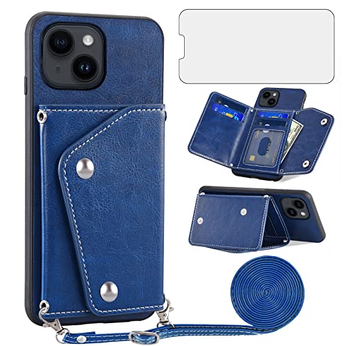 Coque iPhone 14 avec porte-carte et verre trempé Asuwish Bleu