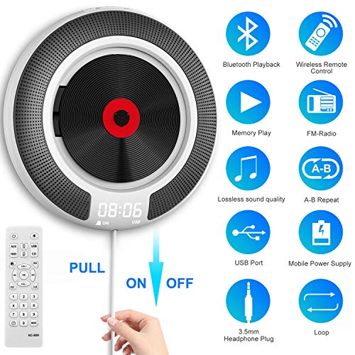 AOKEY CD Player, CD Player Enfant CD Player Bluetooth CD Player Hi-FI CD Player Portable Mural Home Audio Boombox Radio FM Intégrée Connexion Casque MP3 Entrée AUX avec Télécommande