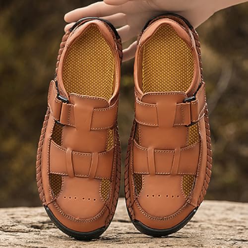 Men's Genuine Leather Closed Toe Fisherman Sandals Summer Hook Loop Hollowing Out Breathable Light Platform Casual Beach Sandals for Outdoor Walking Wading4