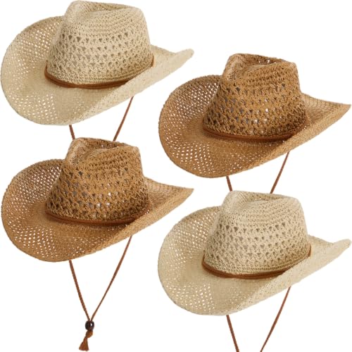 Image of Unittype 4 Pcs Straw Cowboy Hats with Windproof Rope