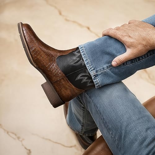 Image of Lumeheel Cowboy Boots for Men - Western Men's Boots with Classic Embroidered, Slip on Square Toe Boots, Slip Resistant Country Boots Chunky Heel Ankle, Durable Short Boots for Spring Fall
