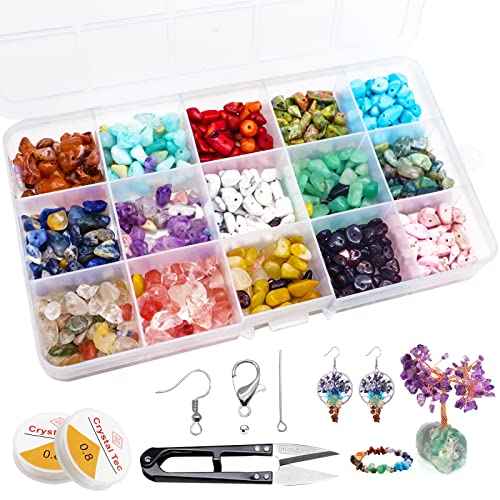 Cuentas de Piedras Preciosas,15 Colores Piedras Para Bisuteria, Cuentas Piedra Natural Irregulares, Piedras Naturales en Forma de Chip para hacer joyas, collares, pulseras Cover