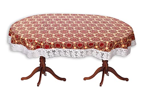 Image of The Furnishing Tree Waterproof PVC Oval Shaped Center Table Cover WxL 40x60 inches Packed Pattern Multicolor with White Border lace