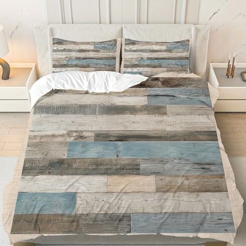 Housse de couette à motif patchwork de planches de bois bleu et gris