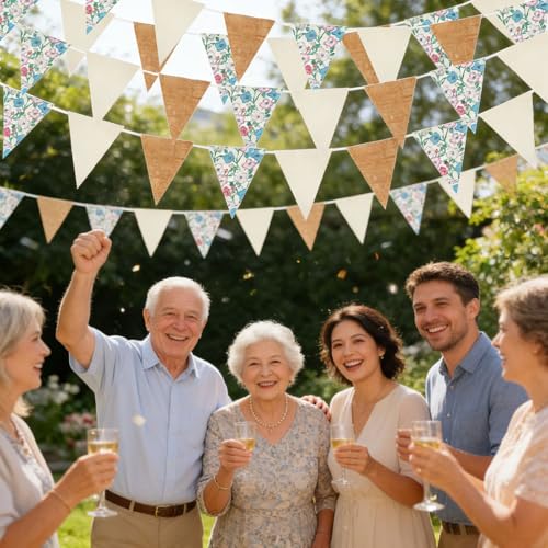 Image of Zwiebeco 39Ft Beige Floral Fabric Pennant Banner Vintage Burlap Triangle Flag Retro Flower Bunting Party Decoration for Birthday Engagement Wedding Bridal Baby Shower Rustic Village Home Garden Decor