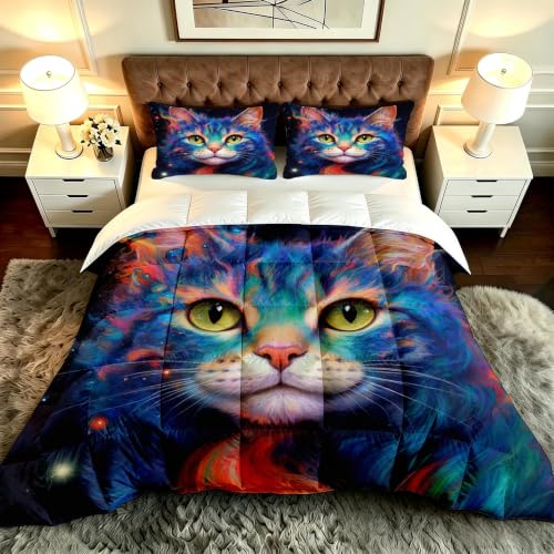 Gumntun Edredón Estampado Cama 90-150x200 cm Gato Animal de Colores, 3 Piezas Edredon Lavable sin Funda, 3D Impresión Microfibra Juego de Cama (2 Funda de Almohada 50x75 cm)_B20595
