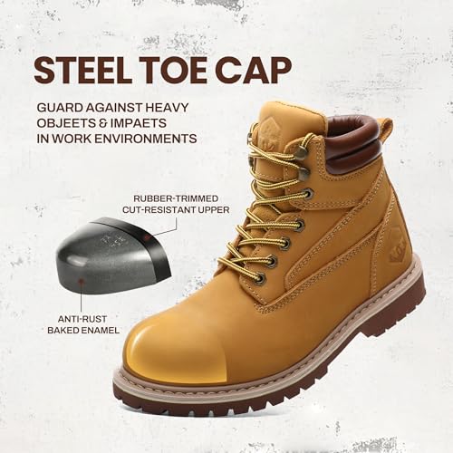 Image of Steel Toe Work Boots for Men 6 Inch Waterproof Non Slip Rubber Comfort Leather Safety Durable Industrial Construction Boots