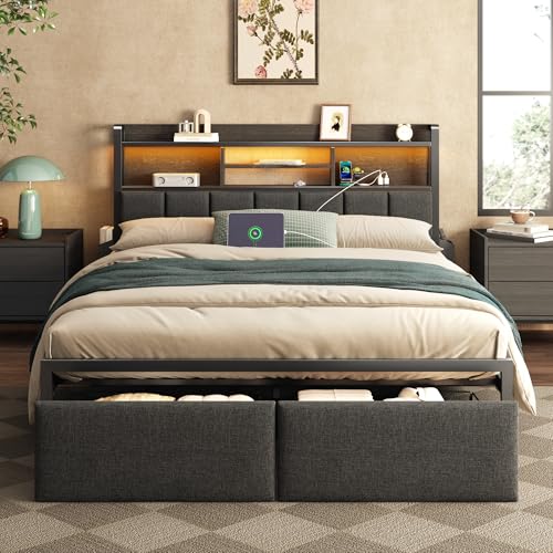 Furnulem Full Size Bed Frame with Headboard, Bed Frame Full Size with Storage Drawers, Charging Station and LED Lights, Metal Platform No Box Spring Needed, Upholstered Headboard, Noise Free, Black