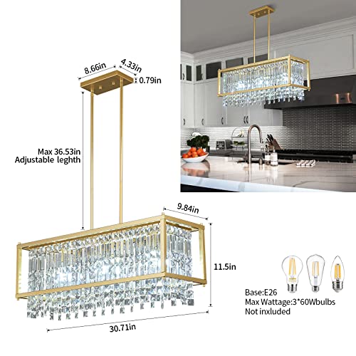 Lmqnine 3-Light Dining Room Light Fixture 30.7 Inch Square Lndustrial Farmhouse Chandelier Gold Metal Crystal Pendant Light For Kitchen Island Dining Room Living Room Flat And Inclined Ceiling #TOP3