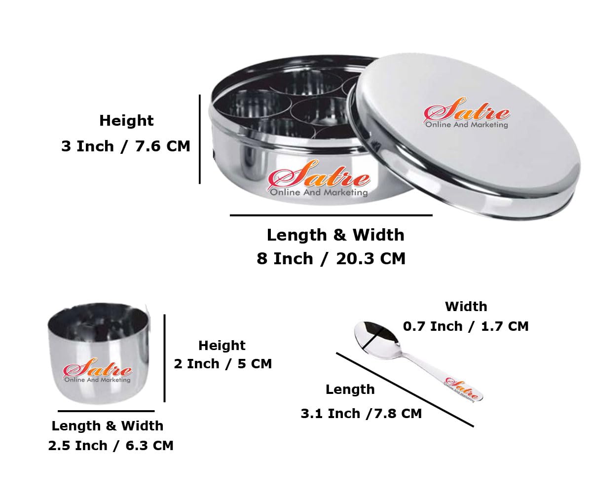 Scatola portaspezie in acciaio inox con doppio coperchio, 7 contenitori per spezie, 1 coperchio interno e 1 cucchiaio, scatola portaspezie per cucina, Masala Dabba - Misura n. 12